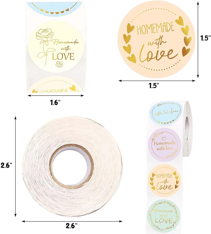 WorldBazaar Homemade with Love Stickers 500pcs Gold Foil Homemade Baked with Love Sticker for Baking Store Small Business Present Labels Wedding Birthday Christmas Party Supplies