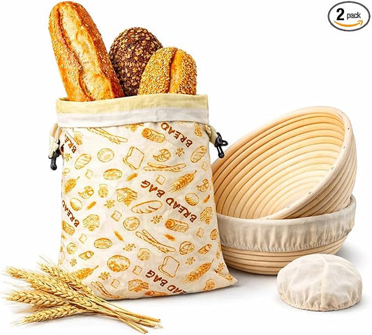 Banneton Bread Proofing Basket 9 Inch Round with Linen Liner & 16x13 XL Reusable Beeswax Bread Bag – Sourdough Proofing Basket, Banneton Basket, Large Bread Storage Bag