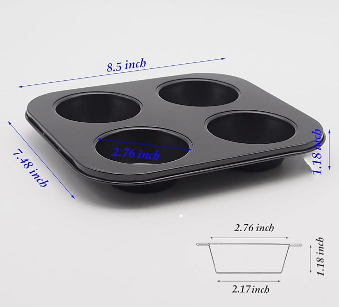 4 Cup Muffin Pan 8.5x 7.48” Air Fryer Small Oven Cupcake Baking Pan | Carbon Steel Nonstick No Toxic Bakeware 2 Pack Toaster Oven 1-2 Person Use