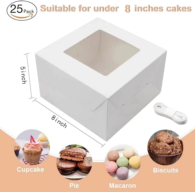 25pcs 8x8x5 Inches Cake Boxes, White Bread Boxes with Windows for Pastries, Cupcakes,Cookies, Pie, Muffins and Donuts