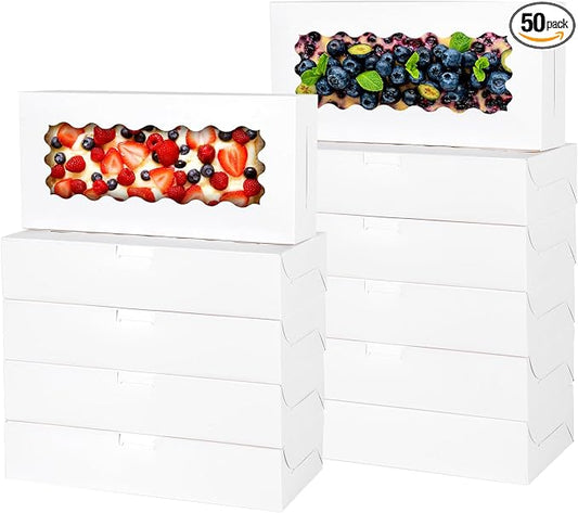 50 pcs White Cookie Box,12x5.5x2.5 Inch Bakery Boxes with Window Pies Chocolate Strawberries Muffins Biscuit Pastry Dessert Box For Packaging