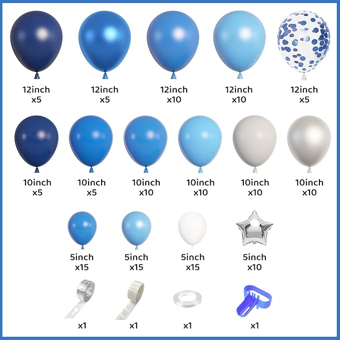 Amandir Navy Blue Balloons Arch Garland Kit, 144Pcs Royal Light Blue Confetti Silver Star Foil Balloons for Blue Birthday Baby Shower Wedding Graduation Party Decorations Supplies
