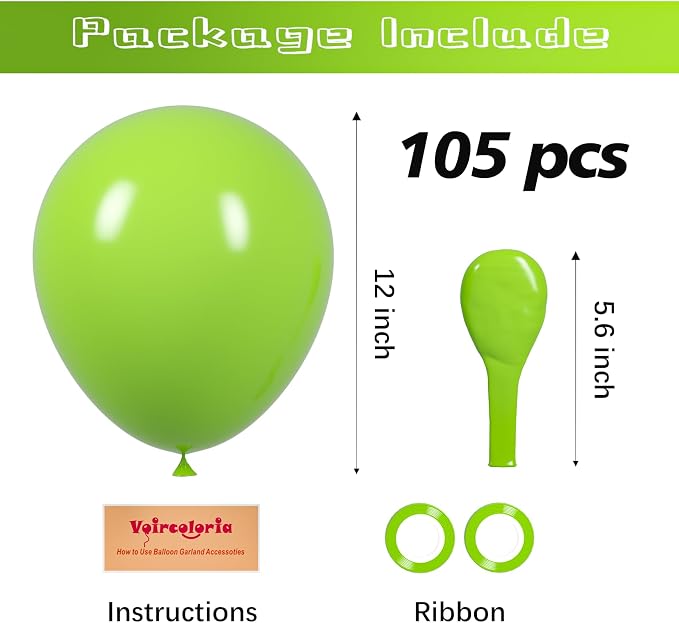 Voircoloria 105pcs Lime Green Balloons 12inch Party Latex Balloons for Boys Girls Birthday Baby Shower Gender Reveal Wedding Sunflower Party Decorations