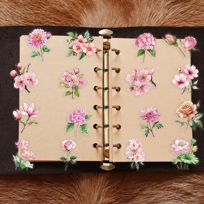 50Pcs Transparent Pink Flower Stickers PET Waterproof Nature Flower Decals Decorative for Water Bottles Phone Cases Laptops Scrapbook DIY Crafts Album Journal Plant Enthusiast (Pink Flower)