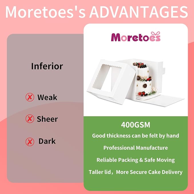 Moretoes 12 Pcs Cake Box, Tall Cake Boxes with Window in 3 Sizes 12x12x12 10x10x10 8x8x8 Inches, Bakery Boxes Disposable Carrier Take Out Container, 2 or 3 Tier for Valentine's Day Mother's Day
