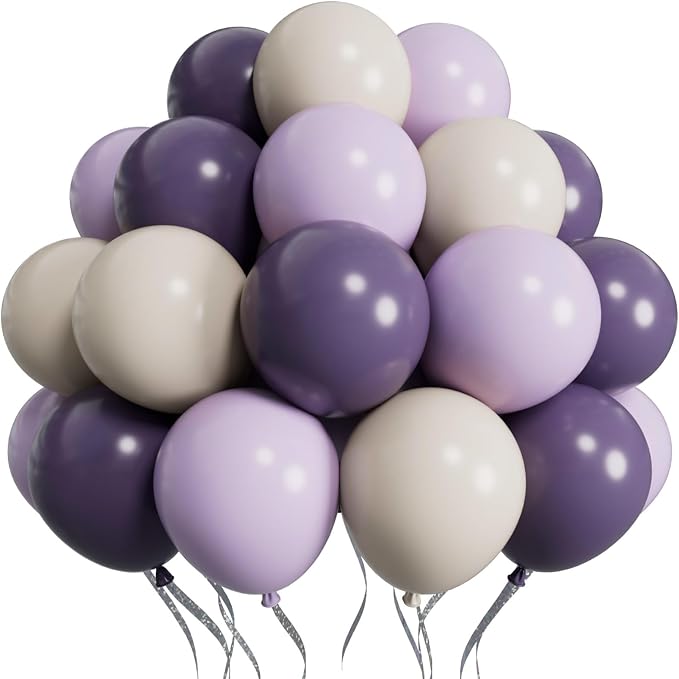 SUWEN Purple Balloons 60Pcs,12 inch Dark Light Lavender Purple and Sand White Latex Balloons for Birthday Weddding Bridal Shower Party Decorations