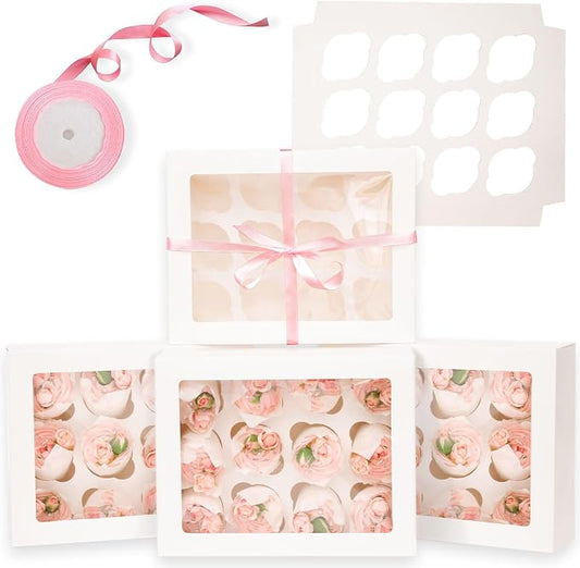 Bakepacker Auto-pop Up Cupcake Boxes with Window White 12PCS 12 Count Cupcake Box 13"x10"x3.5" Cupcakes Carrier, 12 Cupcake Containers with rolls of pink ribbons