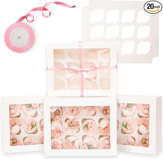 Bakepacker Auto-pop Up Cupcake Boxes with Window White 20PCS 12 Count Cupcake Box 13"x10"x3.5" Cupcakes Carrier, 12 Cupcake Containers with rolls of pink ribbons