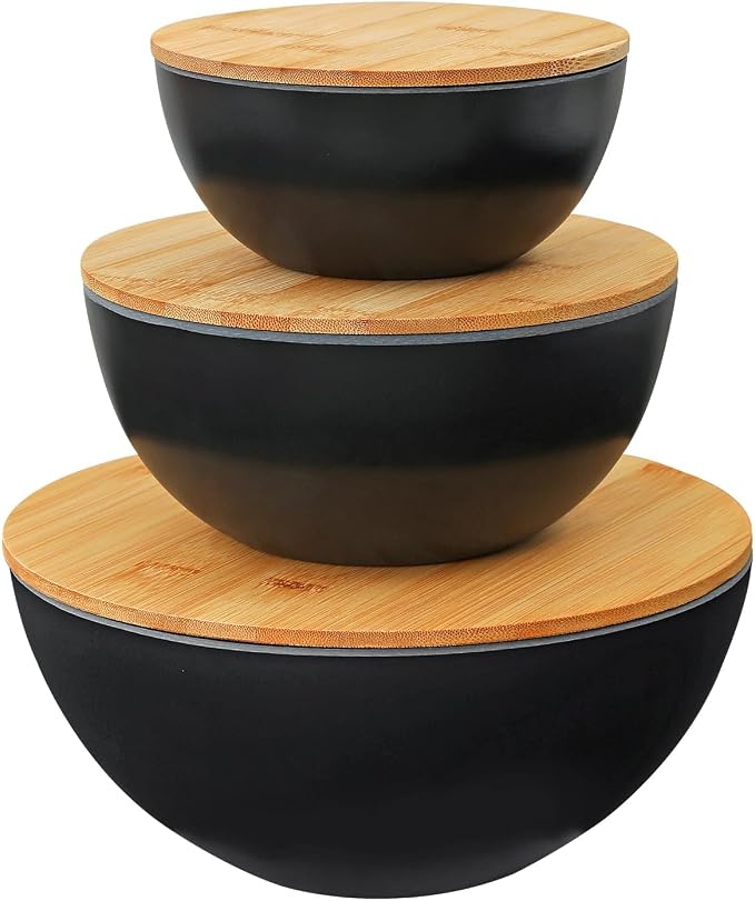 Eco-Friendly Bamboo Fiber Meal Prep Bowl Set with Lids (3 Pack), Sustainable Mixing & Serving Bowls for Kitchen, Food Storage, Picnic & Fitness (5.7" x 7.6" x 9.8") Non-heatable