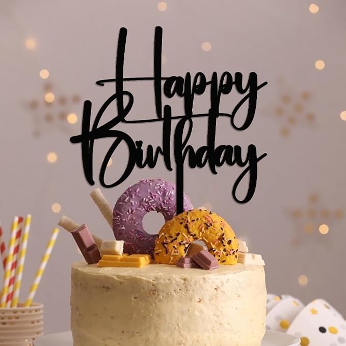 Acrylic black Happy Birthday Cake Topper, Happy Birthday Cake Bunting Deco, Baby Gender Reveal Party/Anniversary PartyDecoration Supplies (Acrylic black)