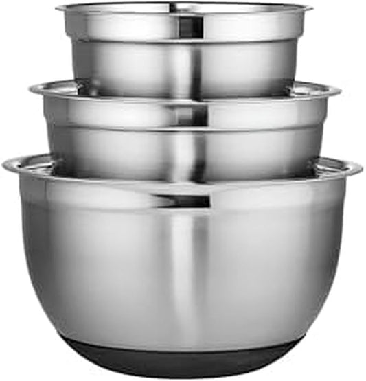 Chicago Metallic Stainless Steel Mixing Bowls Set of 3-3 Qt, 5 Qt, 8 Qt Nesting Bowls with Nonslip Silicone Bases, Dishwasher Safe, Rust Resistant for Kitchen Prep, Serving, and Food Storage