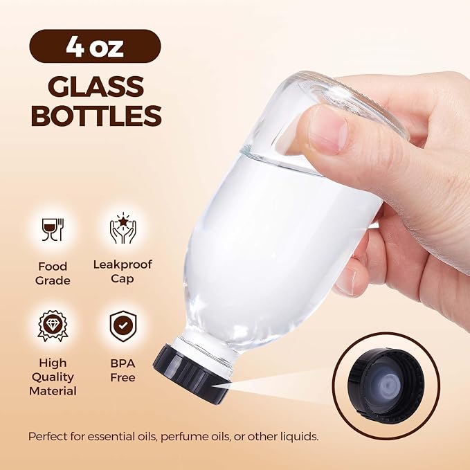 4 oz Small Glass bottles, 4 Pack Empty Clear Juice Glass Bottle with Cap for Homemade Vanilla Extract, Essential Oils, Potion, Syrup, Liquids, Christmas, Holiday Gift