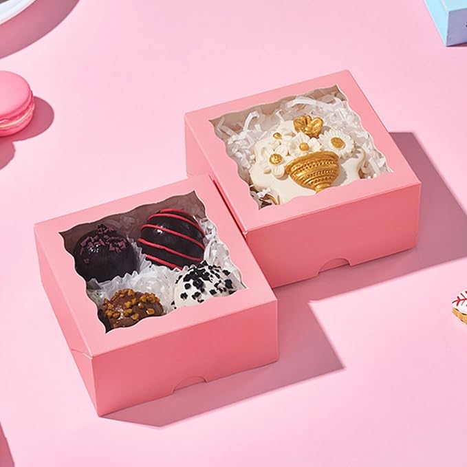 50PCS 4x4x2 Inches Pink Bakery Boxes with Clear Window Ideal for Packaging Cookie, Strawberry, Macaron, Ores, Chocolate Truffles, Donut, Pie Treat Boxes for Party Wedding Valentine's Birthday