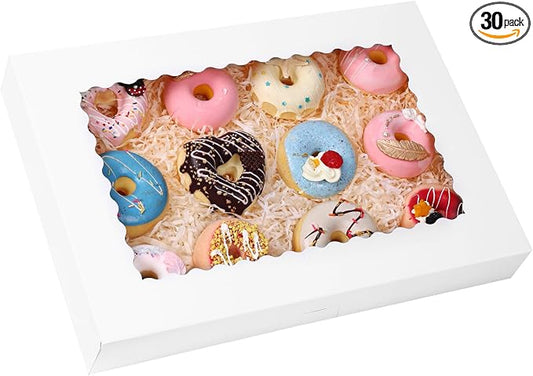 Moretoes 30pcs Cookie Boxes, 16x11x2.5 Inches Auto-Popup Bakery Boxes with Window for Pastries, Pies, Muffins, Chocolate Covered Strawberries