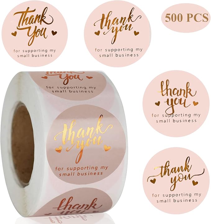 1.5'' Thank You for Supporting My Small Business Stickers 500 PCS Thank You Stickers 4 Design Font Pink Foil Rolls for Greeting Cards Flower Bouquets Self-Adhesive Labels for Gift Wraps