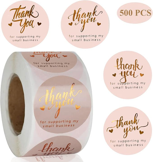 1.5'' Thank You for Supporting My Small Business Stickers 500 PCS Thank You Stickers 4 Design Font Pink Foil Rolls for Greeting Cards Flower Bouquets Self-Adhesive Labels for Gift Wraps
