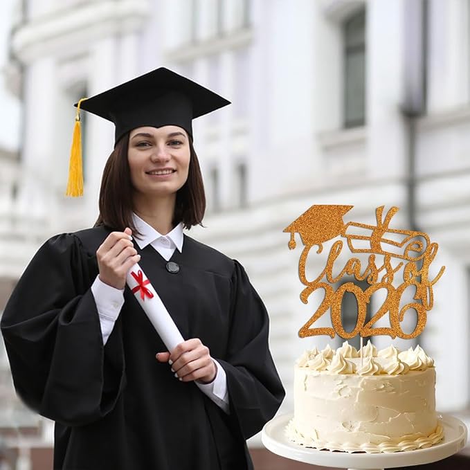 Gold Class of 2026 Congrats Grad Cake Topper Glitter Graduation Party Supplies - High School College Graduates -College Graduate Cake Topper Decorations (Class of 2026 orange)