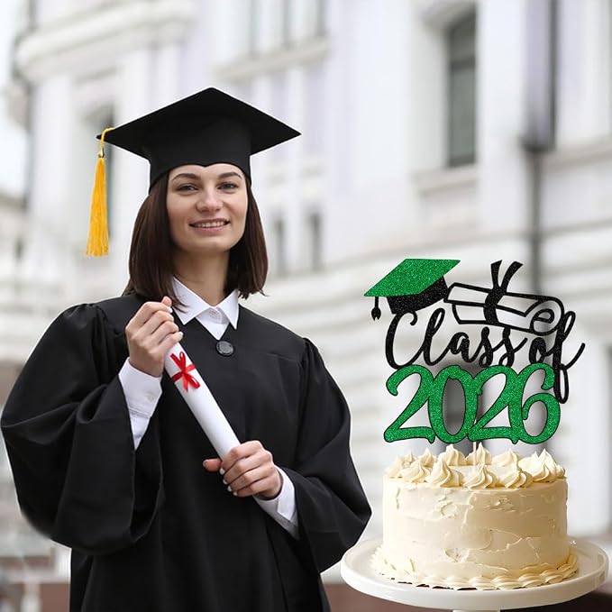 Gold Class of 2026 Congrats Grad Cake Topper Glitter Graduation Party Supplies - High School College Graduates -College Graduate Cake Topper Decorations (Class of 2026 Black green)