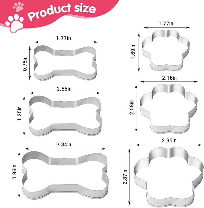 6 PCS Bone and Dog Footprints Cookie Cutters Set, 3 Sizes Stainless Steel Bone & Paw Print Shaped Cookies Cutter for Homemade Baking Theme Party Homemade Treats