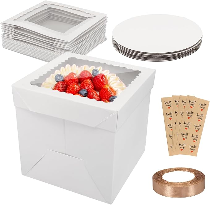 10 Pack Cake Boxes,Tall Cake Box with Window, White Bakery Boxes, 12x12x8 Inch Large Baking Boxes with Sticker, Cardboard Cake Box for Multi-Layer Cakes, Cake Decorating Supplies for Gift Giving
