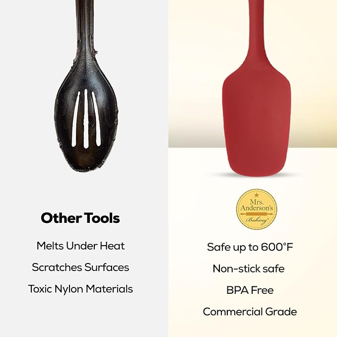 Mrs. Anderson’s Baking Silicone Spoon-Shaped Spatula, Flexible And Nonstick, One-Piece Design, Red, For Mixing, Folding, Scraping, Baking, And Cooking