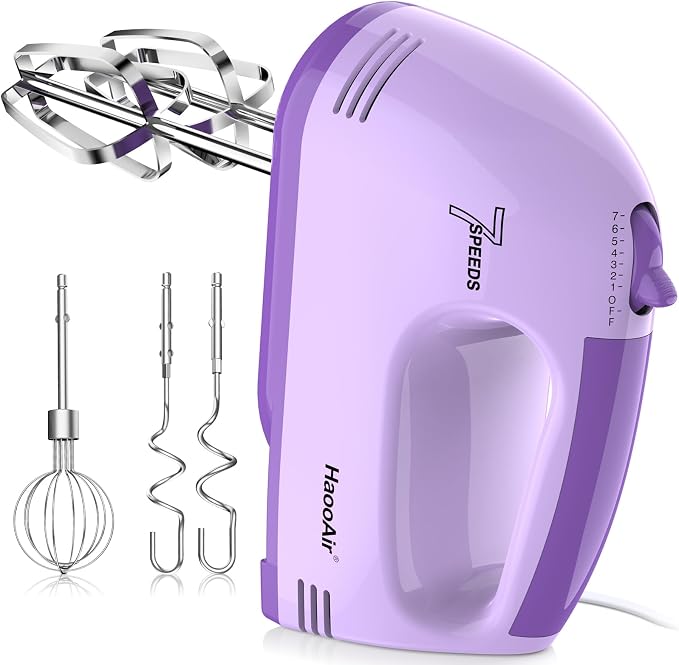 Electric Handheld Mixer, 7-Speed Adjustable Kitchen Mixer, 5 Stainless Steel Accessories (2 * Dough Hooks, 2 * Beaters, 1 * Whisk), Perfect for Kitchen and Baking Food Mixers, Purple