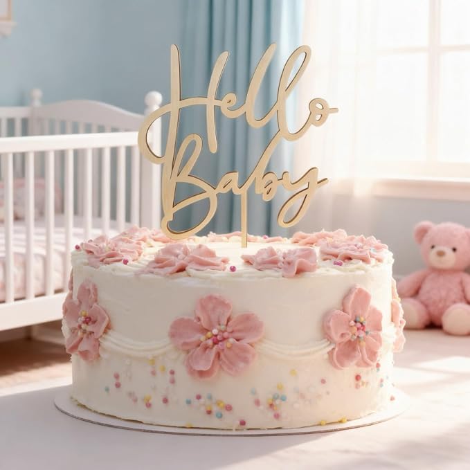 Hello Baby Wooden Cake Topper - Baby Shower Cake Decorations, Gender Reveal Party Supplies, Baby Birthday Decor & Photo Booth Props for Baby Shower Favors
