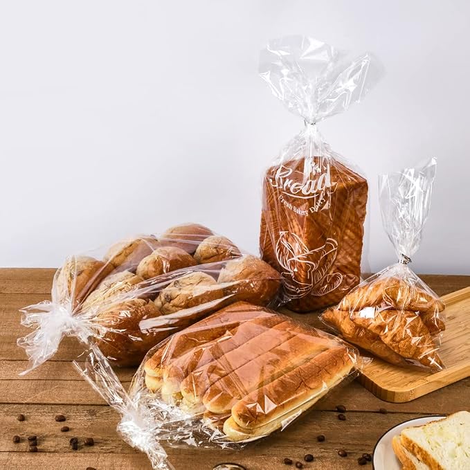 50 Pcs Bread Bags with Ties - 8x18 Inch with 4" Side Gusset Clear Plastic Bakery Bags for Homemade Sourdough, Artisan Loaves, Crusty Bread Storage
