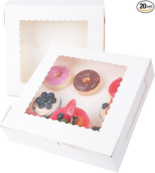 White Pie Boxes with Flip Cover,20pcs with Window,10x10x2.5 Inches Auto-Popup Bakery Boxes,Desserts,Chocolate Covered Strawberries,Macarons,Muffins,Pastry,Donuts