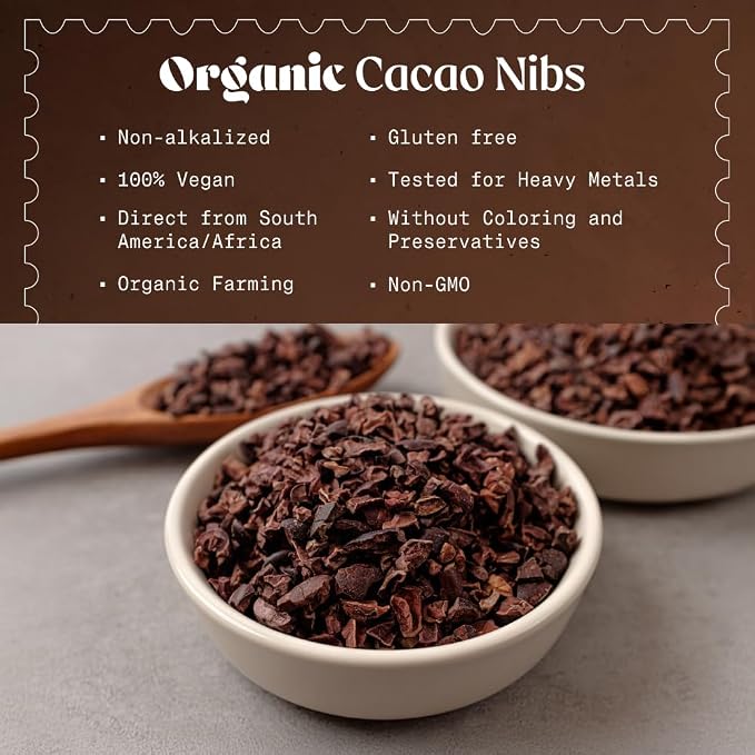NaturaleBio Cacao Nibs Organic 1 lb. Unsweetened, Non-Alkalized and Pure. Sugar-Free Dark Chocolate Chips Substitute. Non-GMO, Gluten Free, Tested for Heavy Metals. From Raw Cacao Beans
