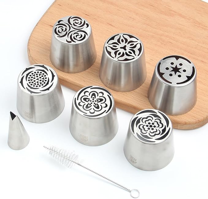 8 Pieces Stainless Steel Extra Large Russian Tulip Icing Tips Kit, 6 Russian Cupcake Dessert Marshmallow Piping Nozzle,1 Cleaning Brush,1 Medium Leaf Icing Tip for Cake Decorations,Pastry Baking Tools