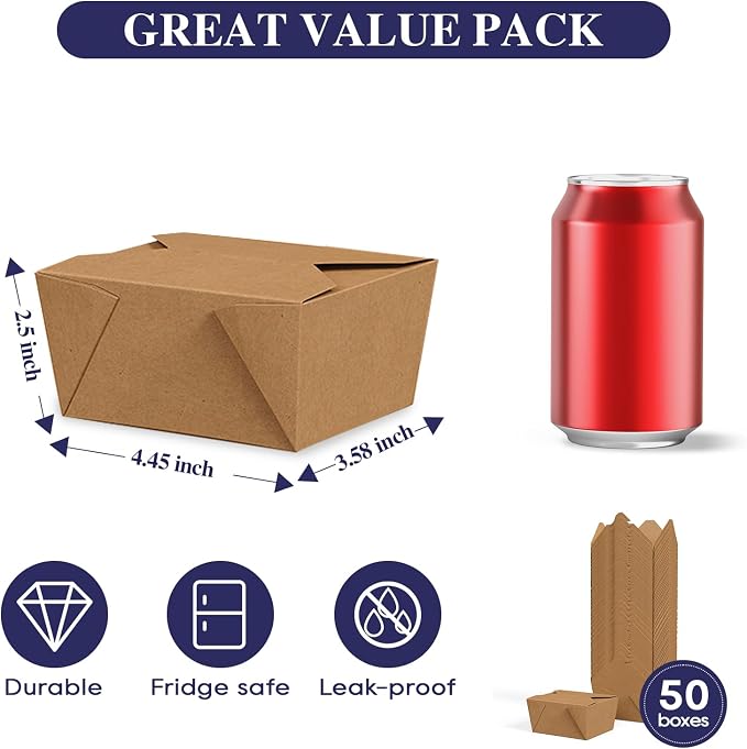 LITOPAK 50 Pack 27 oz Take Out Food Containers, Kraft Brown Take Out Boxes Leak Grease Resistant and Stackable for Restaurants, Homes, Offices, Picnics