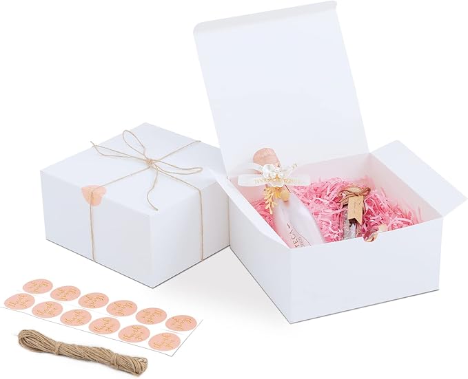 YUEFANBOX 12 Pack White Gift Boxes, 8x8x4in, with Lids, 80ft Twine, Stickers & Tape, Easy Assemble for Bridesmaid Proposal, Wedding, Party Favors