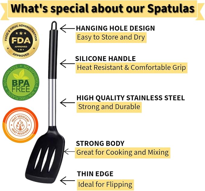 Premium 2-Piece Silicone and Steel Spatula Set, Black Kitchen Utensils with Ergonomic Handles, Professional Cooking Tools