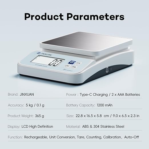 Digital Kitchen Scale 11lb/5kgx0.1g Waterproof Food Scales for Kitchen Rechargeable Food Weighing Scale with LCD Display, Large Food Scale Grams and Ounces for Baking, Cooking, Weight Loss, Meal Prep