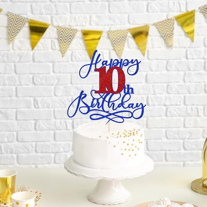Happy 10th Birthday Cake Topper,Deep blue font red Numbers 10th Birthday Cake Decoration,Hello 10, Cheers to 10 Years/10th Anniversary,10& Fabulous Party Decoration