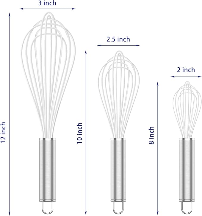 OYV White Silicone Whisk, Professional Whisks For Cooking Non-Scratch, Stainless Steel & Silicone Wisk, Plastic Rubber Whisk Tool For Nonstick Cookware Pans, BPA free, Silicon Wisks Set of 3