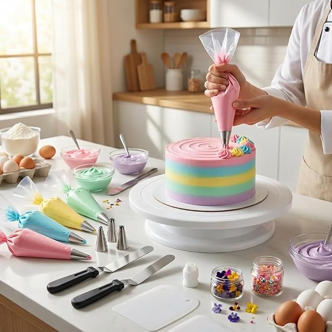 Cake Decorating Kit with Cake Turntable, 69-Piece Baking Supplies Set Including 12 Piping Tips, 50 Piping Bags, 3 Cake Scrapers, 2 Frosting Spatulas and Coupler, Easy Cake Decorating for Beginners