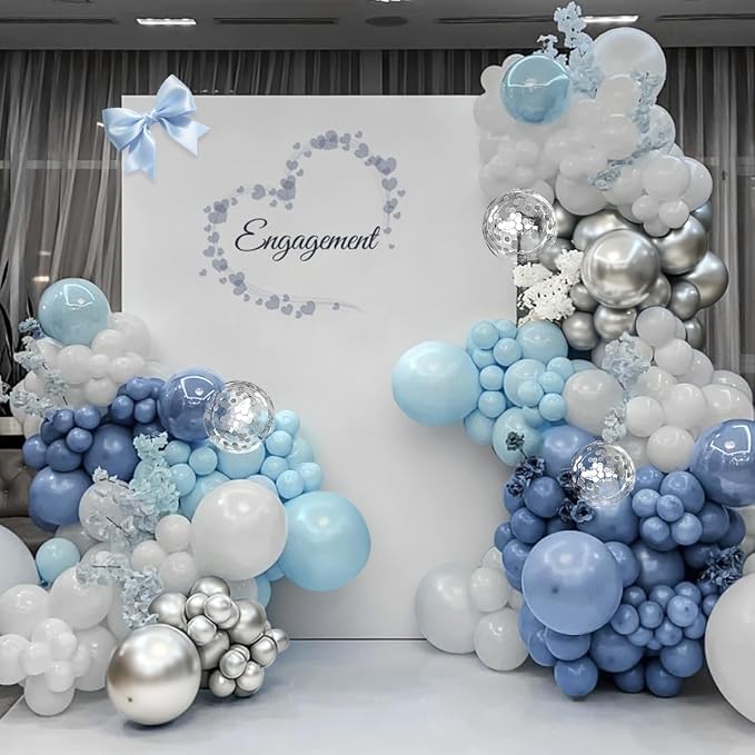 Dusty Blue White Silver Balloon Garland Arch Kit, 167Pcs Latex Balloons Different Sizes 15 12 10 5 inch for Baby Shower Gender Reveal Birthday Engagement Party Decorations