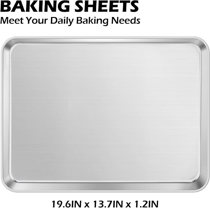 Leonyo 20x14IN Stainless Steel Cookies Baking Sheets Set, 2 Pack Stainless Steel Extra Large Baking Sheet Pan for Cookie, Commercial Grade Metal Toaster Oven Tray for Oven, Dishwasher Safe