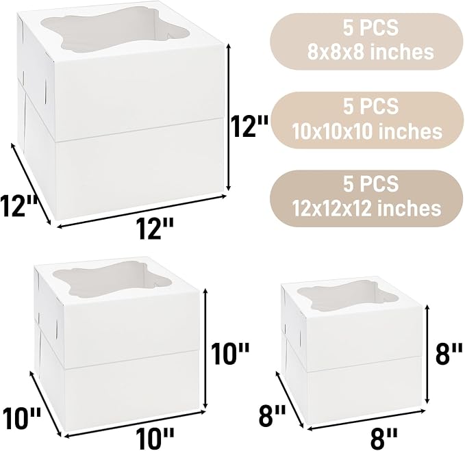 Pumtus 15 PCS Tall Cake Boxes, Square Cake Box with Window in 3 Sizes 12x12x12 10x10x10 8x8x8 Inches, Cardboard Tier Cake Bakery Container, Disposable Dessert Pie Takeout Carrier for Wedding Birthday