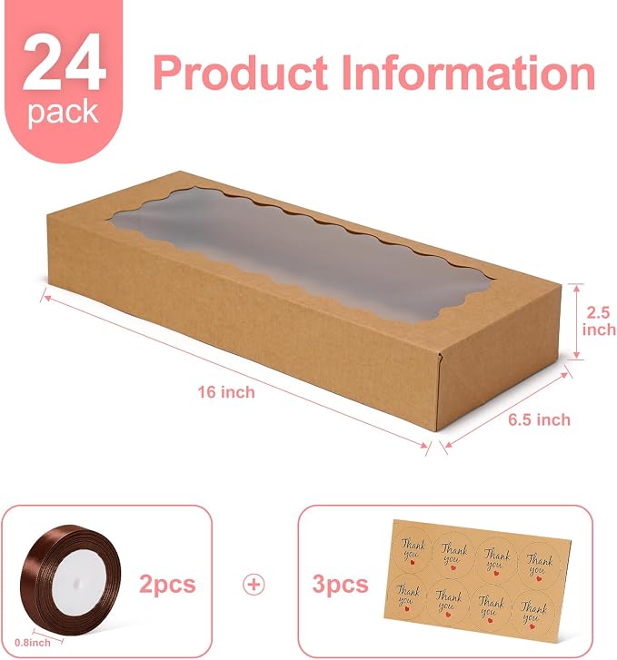 24 Pack Bakery Boxes with Window, 16x6.5x2.5 Inch Brown Auto-Popup Cookie Box with Ribbon and Sticks, Long Treat Boxes for Cookies for Strawberries, Champagne, Cake Pops, Donuts