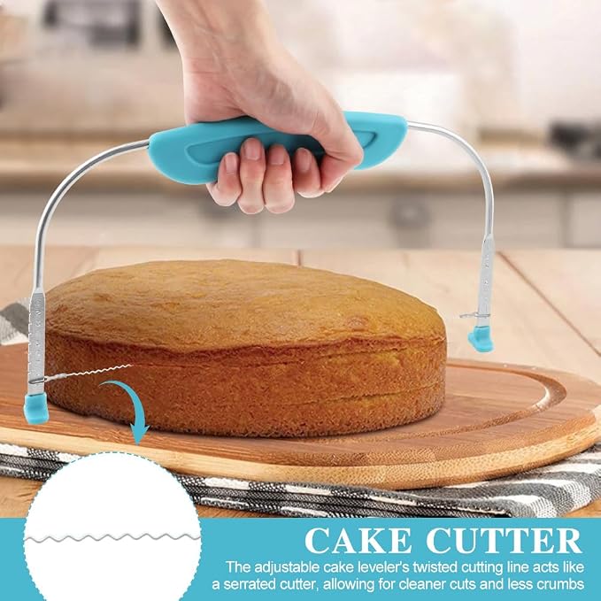Adjustable Cake Leveler Cutter With 3PCS Cake Scrapers Set,Baking Supplies Tool for Kitchen,Large Size Cake-Cutter Slicer for Leveling,Single Stainless Steel Wire & Plastic Handle(COLOR:Blue)
