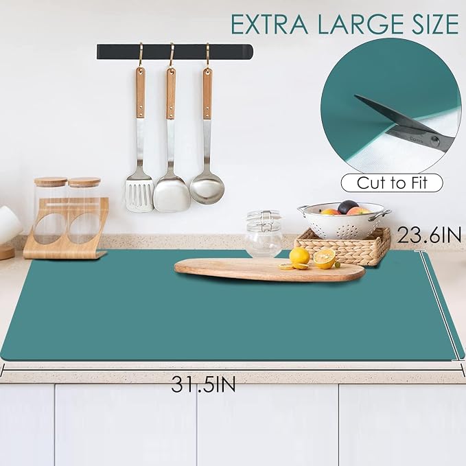 Extra Large Silicone Mat, 31.5x16.9 Inch Heat Resistant Mat for Kitchen Counter, Non Stick Silicone Baking Mat for Dough and Pastry, Thick Silicone Pad Countertop Protector, Dark Green