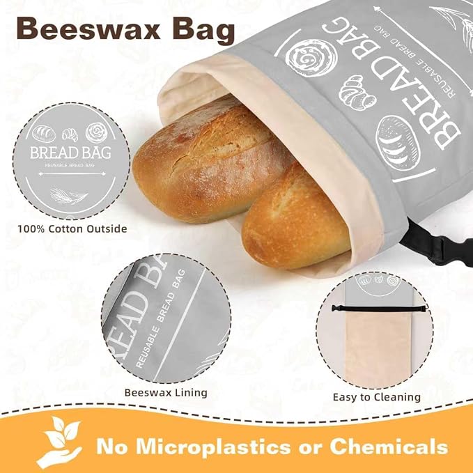 Bread Bags for Homemade, Beeswax Reusable Bread Bag for Sourdough, 1 Pack 17×13 Inches XL-Waxed Food Storage Bag to Keep Sourdough Fresh, Freezer-Safe, Eco-Friendly (Grey)