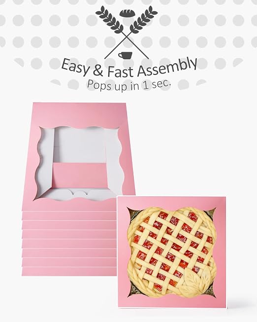 qiqee Auto-pop Up 12Packs Pink Pie Boxes with Window 12x12x3 Inch Cookie Donut Bakery Box