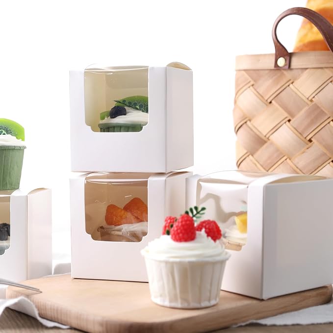 VGOODALL 20PCS White Cupcake Boxes, 3.5"x3.5"x3.5" Individual Cupcake Containers Pre-Assembled Containers with Window and Inserts for Wedding Baby Shower Birthday