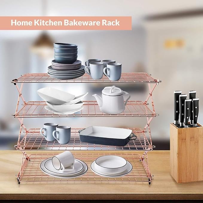 3-Tier Upgraded Collapsible Cooling Rack,Stackable Roasting Cooking Drying Wire Cooling Rack– Expand to Bake,Collapse to Save Space,Cookies Baking Gifts Drying Racks for Cake,Roasting,Grilling (Rose)