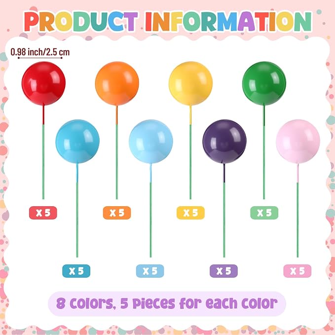 Sieral 40 Pcs Mini Balloon Cake Toppers Colorful Rainbow Topper Round Clay Balls Cupcake Toppers for Birthday Baby Shower Wedding Party Decorations (Light Color,Foam)