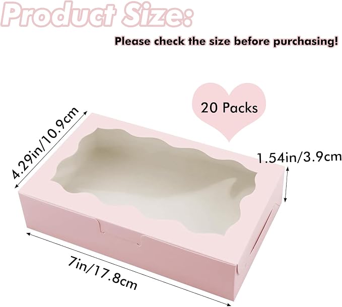Amonk Cookie Boxes with Window, Pink 7x4.3x1.5 Inch Paperboard, 20PCS | Bakery Boxes Treat Boxes for Chocolate Covered Strawberries, Desserts, Cookies and Macaroons